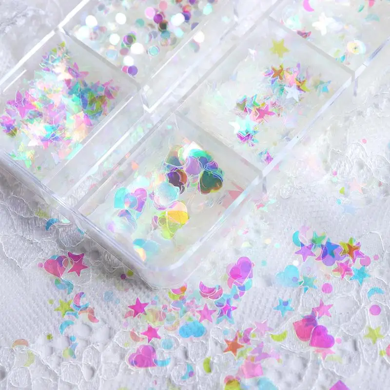 Mini 6 griglie per unghie con paillettes decorazione arcobaleno luce amore stella luna accessori per unghie materiale trasparente per il miglioramento delle unghie fai da te
