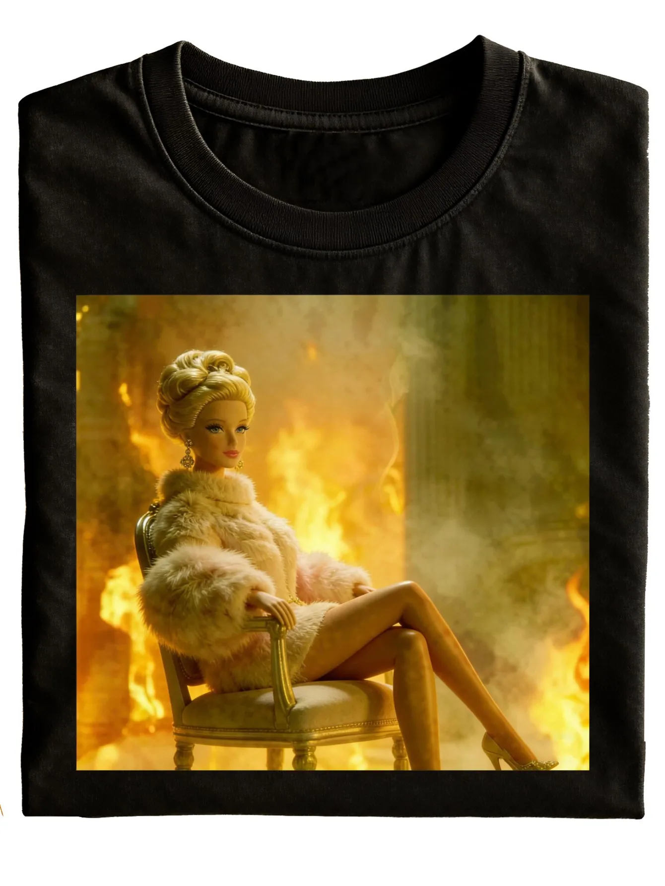 A Humorous And Stylish Black Crew Neck T-Shirt Featuring a Print of a Person in a Fur Coat Sitting on a Chair with a Fiery Backdrop. This Casual Piece Is Perfect for Everyday Wear And Makes a Great Holiday Gift. Made from, Plus Size