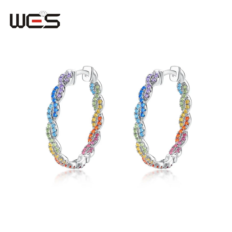 

WES Rainbow 925 Sterling Silver CZ Hoop Earrings for Women Cubic Zicron Summer Jewelry Certified New Gifts 2024 Crystal Gemstone