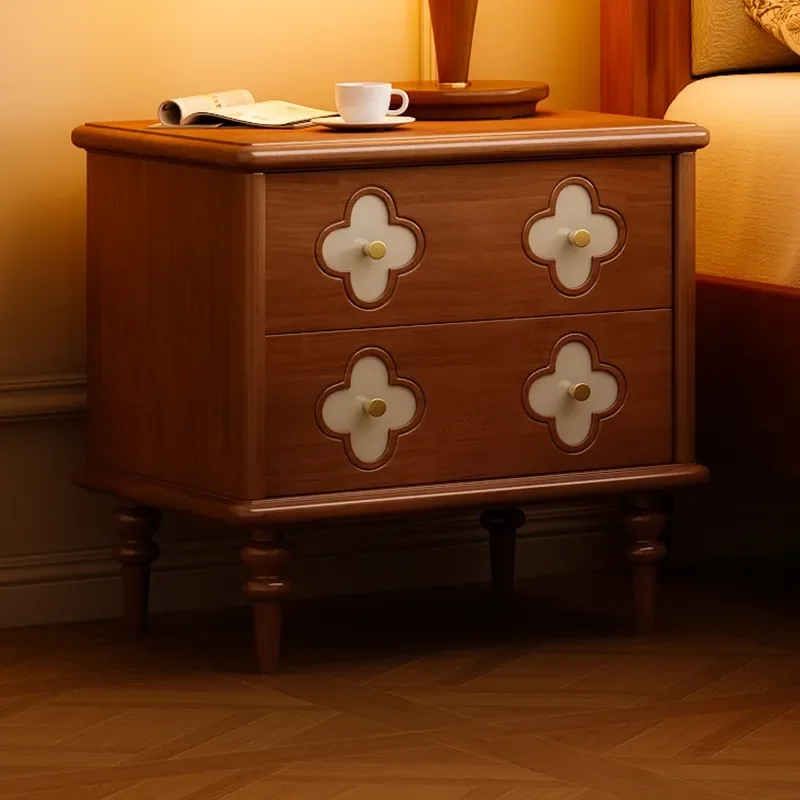 French Retro Solid Wood Nightstand with Double Drawers Antique Clover Shell Design Medium Size Bedroom Storage Furniture