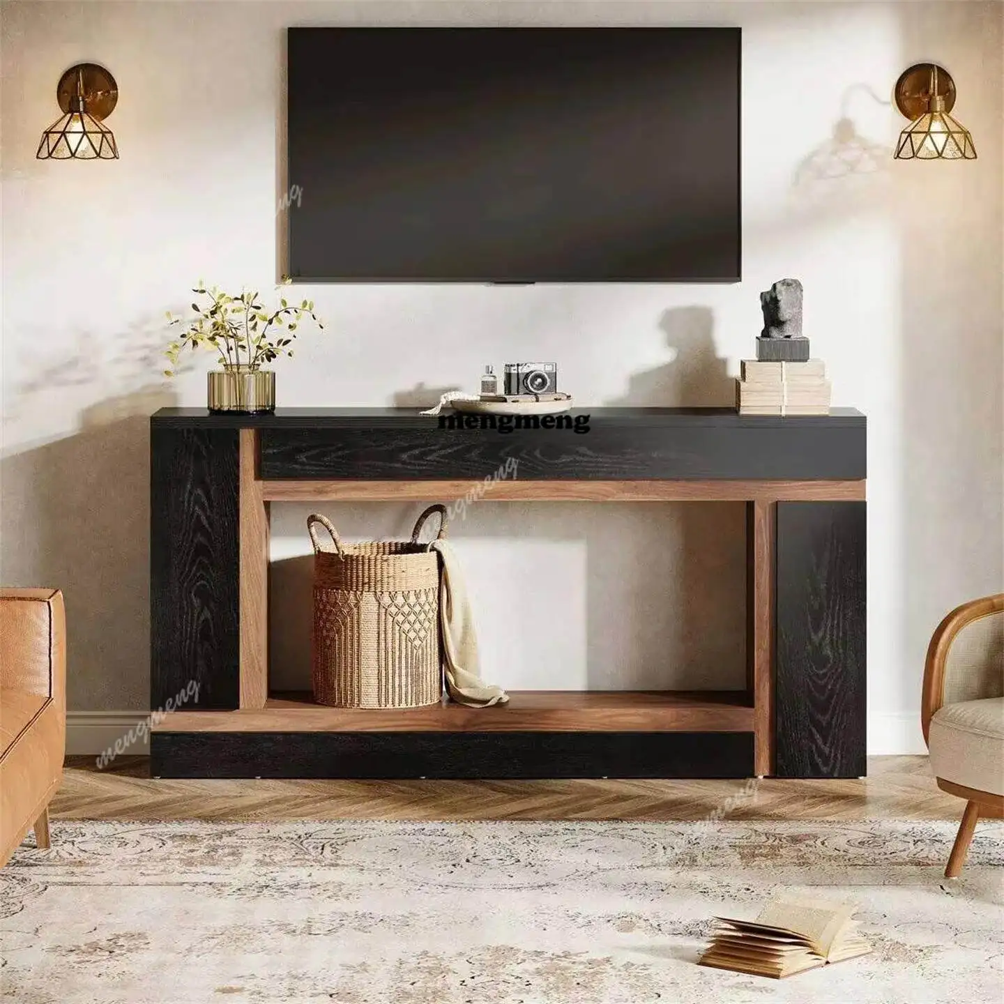 Medieval wooden color matching rack, living room against the wall storage table, rectangular locker, sofa back few