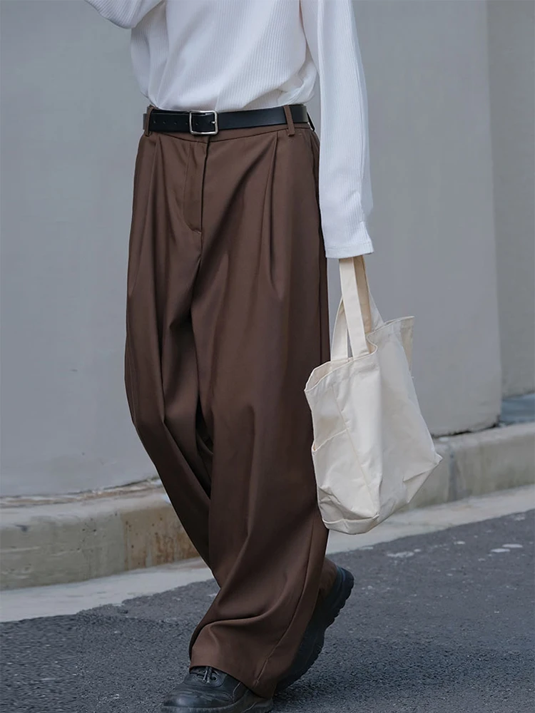 streetwear trendy mens 솔리드 컬러 바지 2025 봄 여름 패션 Pleated Loose Straight Pants 남성 캐주얼 단순 정장 바지