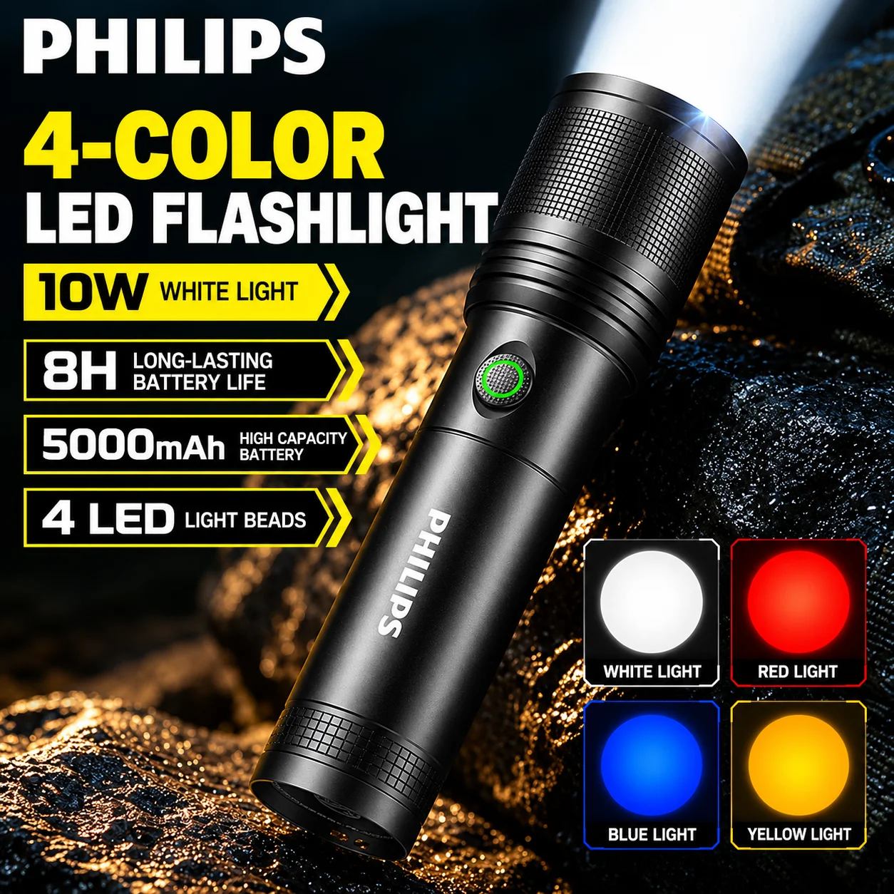 PHILIPS SFL6166 4-Color LED Flashlight 10W 5000mAh Rechargeable Torch 8H Long Battery Life Outdoor Camping Emergency Light