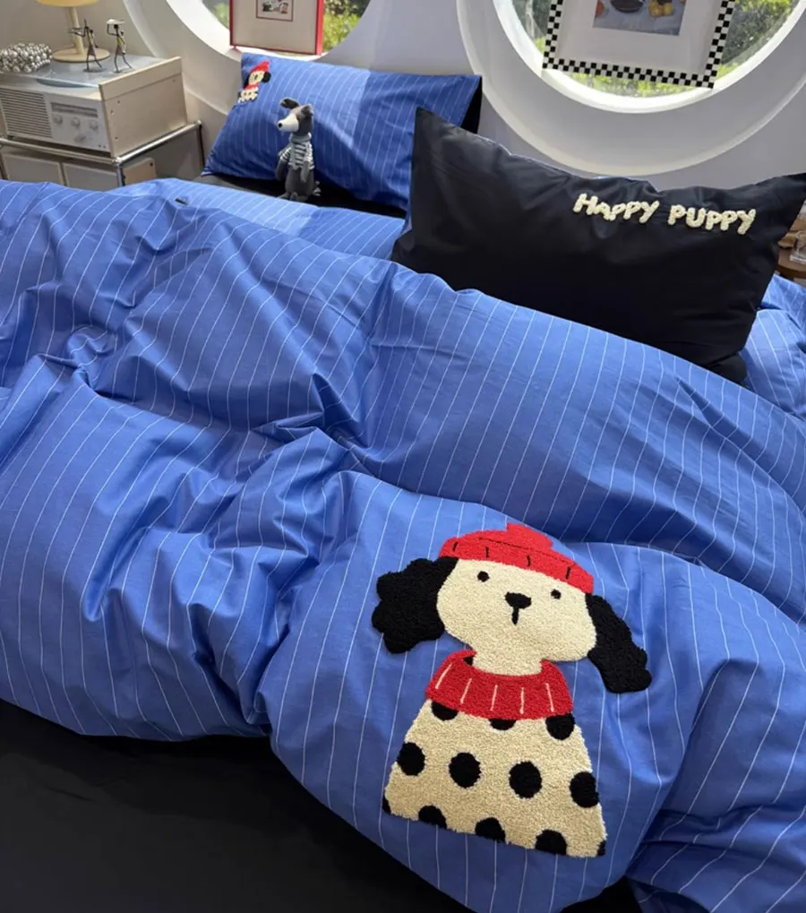 

Cute cartton embroidery dog puppy blue stripes bedding set boy,twin full queen cotton home textile sheet pillow case quilt cover