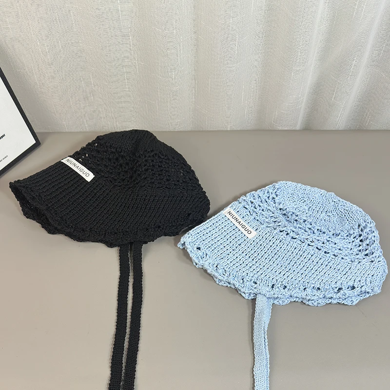Korean Sle Summer Knitted Buet Hat Women's Breathable Sweet Sun Protection Fiing Cap Letter Tie up Casual Streetwear