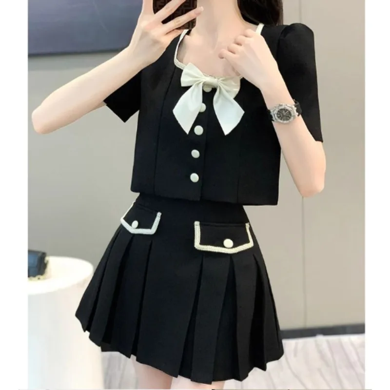 Verão novo sentido avançado do temperamento manga bolha superior saia de cintura alta feminino pequena fragrância vento dois conjuntos saia feminina