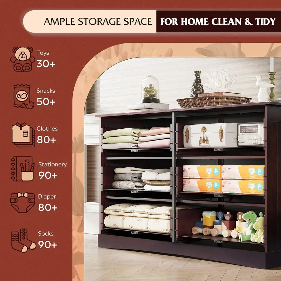 침실용 원목 서랍장, 6개의 서랍이 있는 넓은 서랍장, 대형 갈색 수납 타워 유닛, 모던 미니멀리스트 옷장