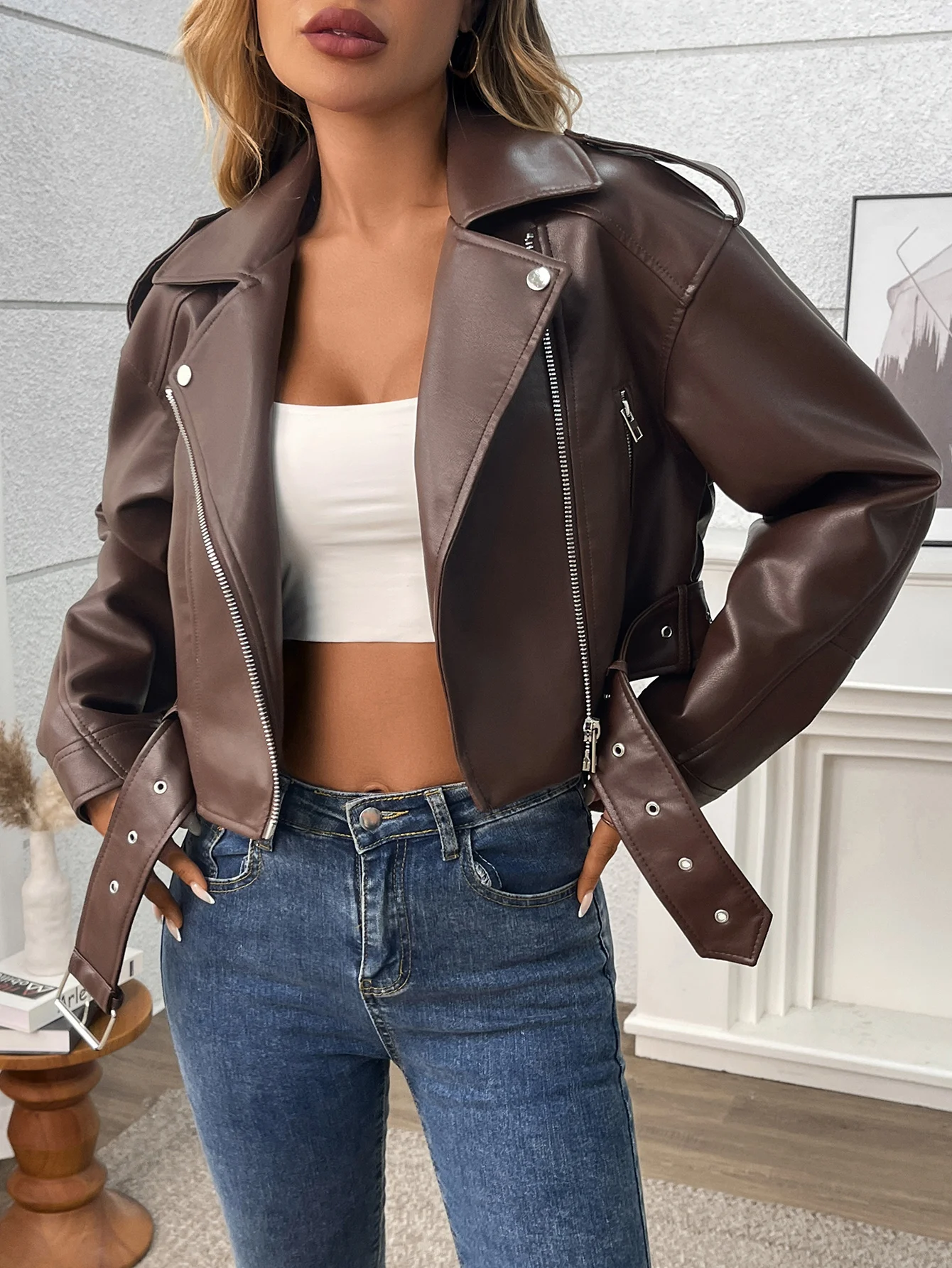 Fitaylor Women Faux Leather Jacket Lady Lapel Motorcycle Leather Outwear Casual Biker Coat