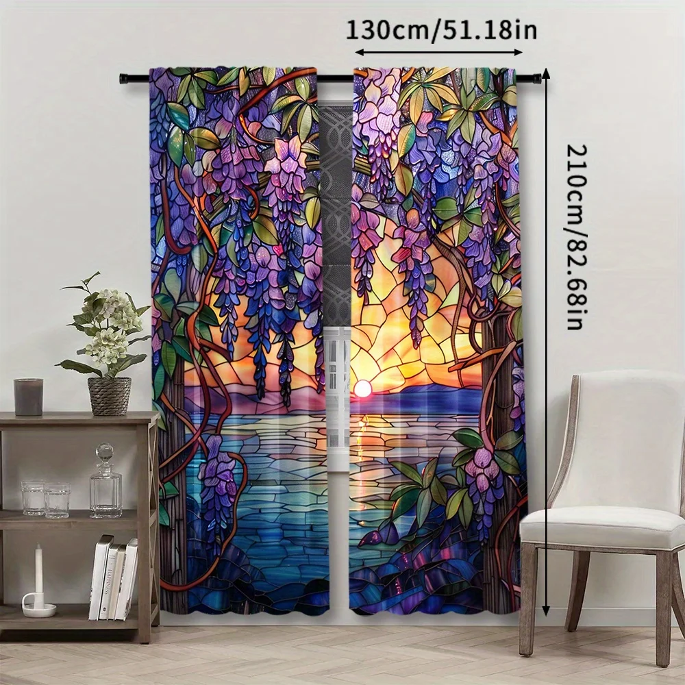 Vibrant Wisteria Floral Pattern Curtains Sunset Landscape Boho Style Window Drapes Polyester Fabric Home Decor Living Room Treat