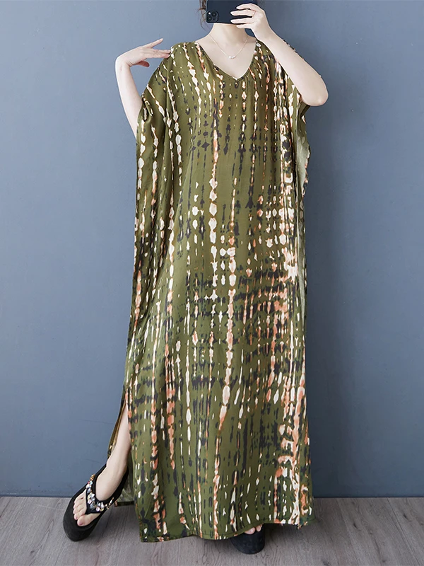 

n Casual Vaion Dr V-Ne Sve-Connected Stripe Mommy Dr Loose Fit Summer Thin Material Long Skirt