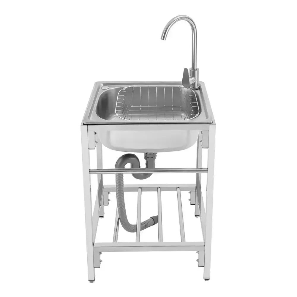 

​​Single Basin Kitchen Prep Sink with Hot Cold Tap 202 Stainless Steel Brushed Finish R Corners Easy Clean for Home Commercial​​