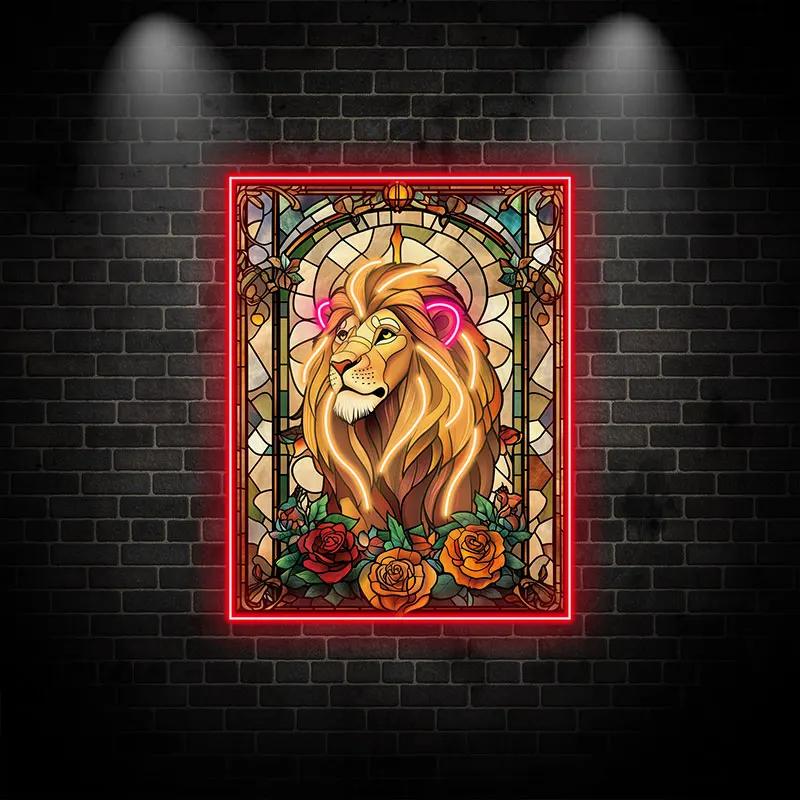 Stained Glass Lion Neon Light, Vibrant LED Wall Art for Living Room, Office & Kids Room, Unique Home Decor with Safe 12V Voltage