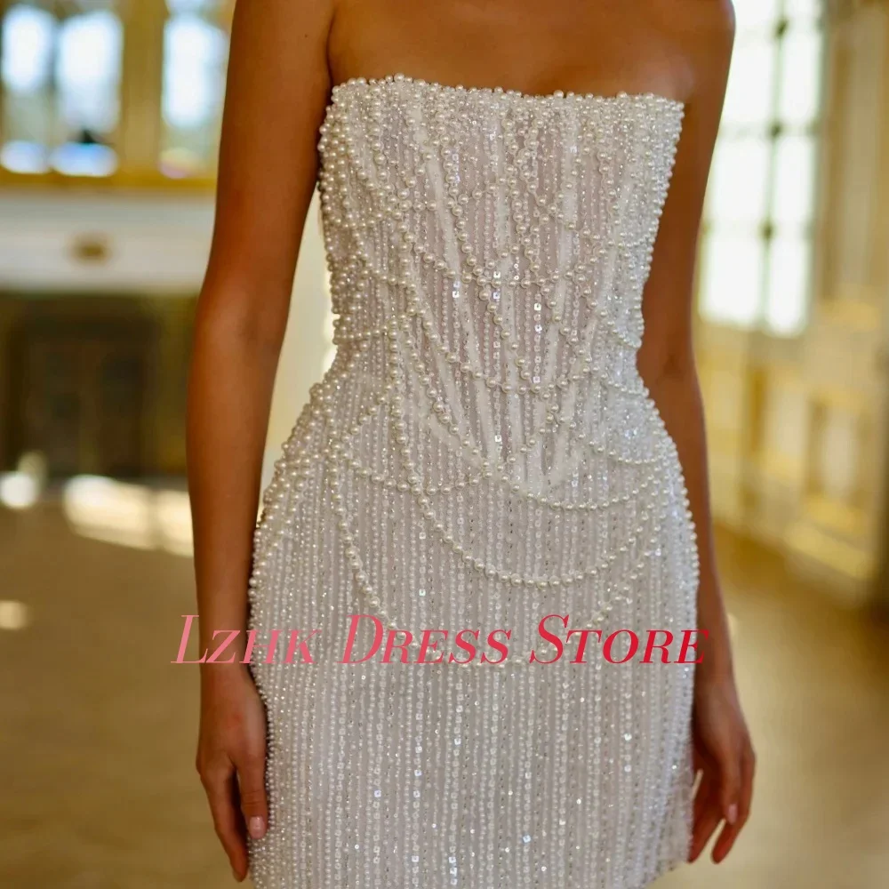 فستان سهرة مستقيم مطرز باللؤلؤ الفاخر مخصص بدون أكمام بدون حمالات فستان سهرة نسائي