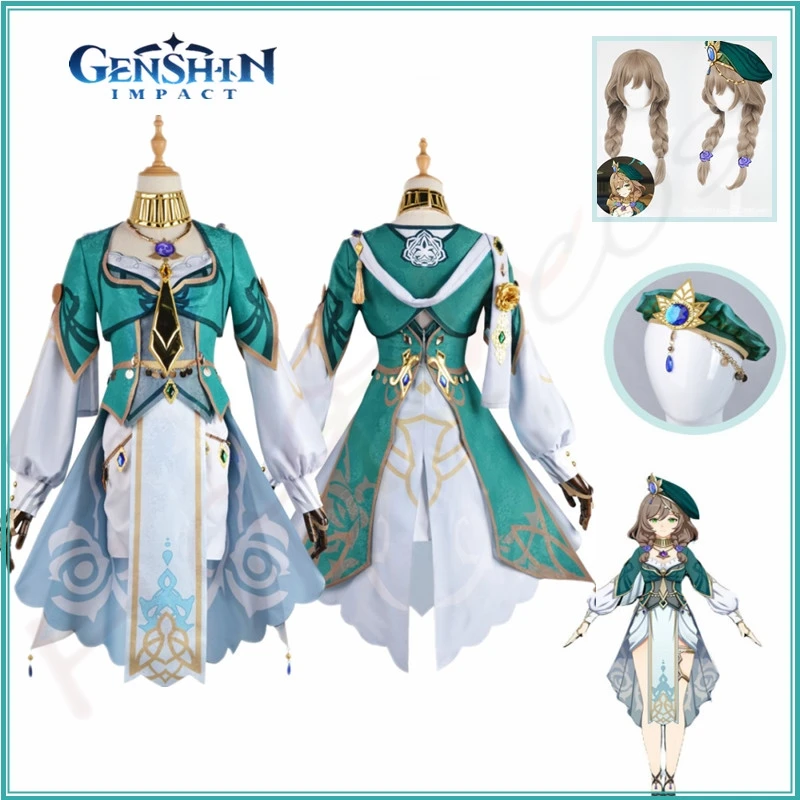 Game Genshin Impact Jacquard Fabric Lisa Minci New Skin Cosplay Costume Lisa New Outfits Wig Hat Halloween Carnival Party Set