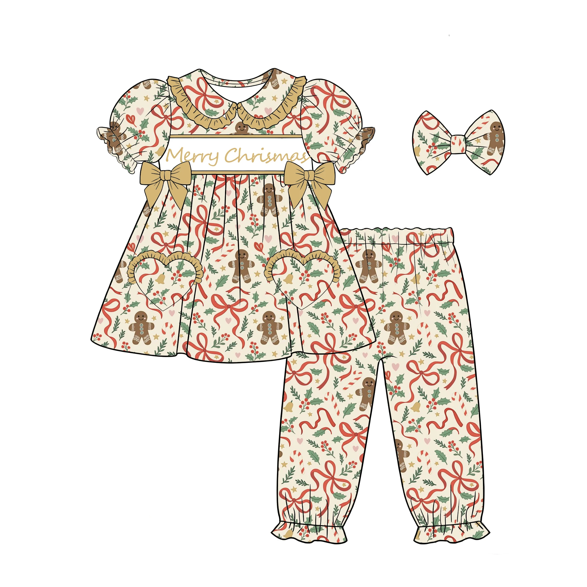 Boutique Kids Set Merry Christmas Bow House Print Set Toddler Girls Bow Decoration Ensemble Comfortable Set Custom