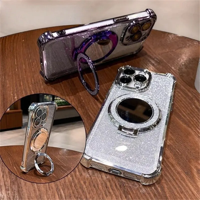 Glitter Plating Mirror Bracket Case For Samsung Galaxy A55 A15 A16 A26 A35 A34 A14 A06 A05 A05S A04 A53 A52 A12 A33 A24 A25 A32