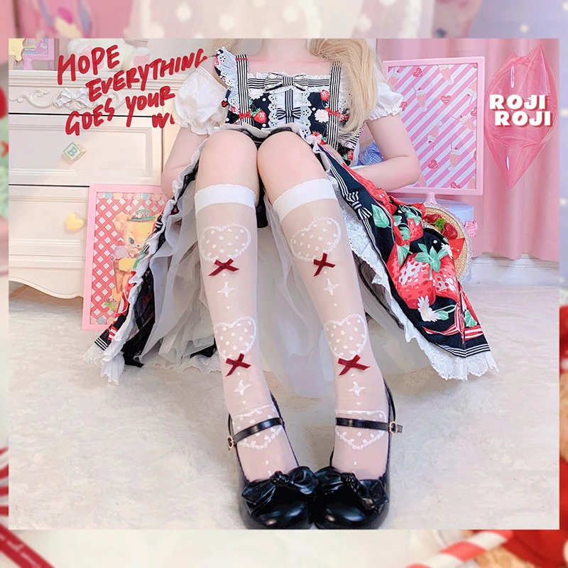 Original Design Sprign and Summer Sweet Girls Lolita Above Knee Socks Bow Love Heart Women's Calf Tube Socks Thin Spun Glass