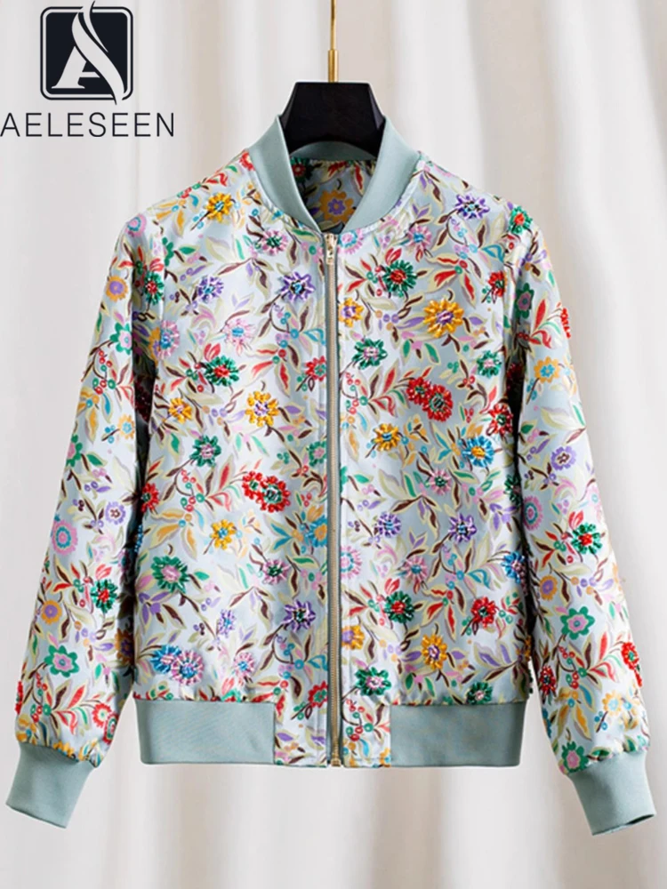 

AELESEEN Fashion Designer Jacquard Jacket For Women Autumn Winter Lantern Sleeve Colorful Flower Print Beading Crystal Casual