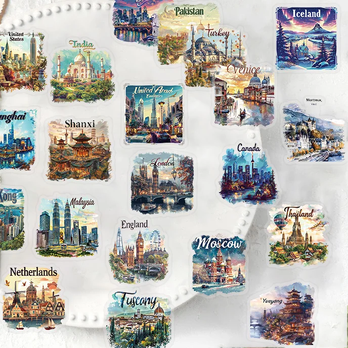 50PCS Famous City Stickers Travel Postcard DIY Toy Gift Graffiti PET Decal for Phone Luggage Laptop Scrapbook Waterproof Sticker