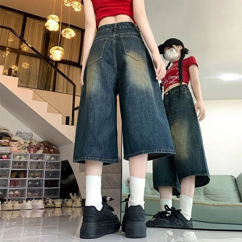 Damskie szerokie krótkie jeansy retro w kolorze niebieskim, luźne szorty Y2k, casualowe vintage streetwear Harajuku, koreański styl, podstawowe letnie szorty jeansowe 2025