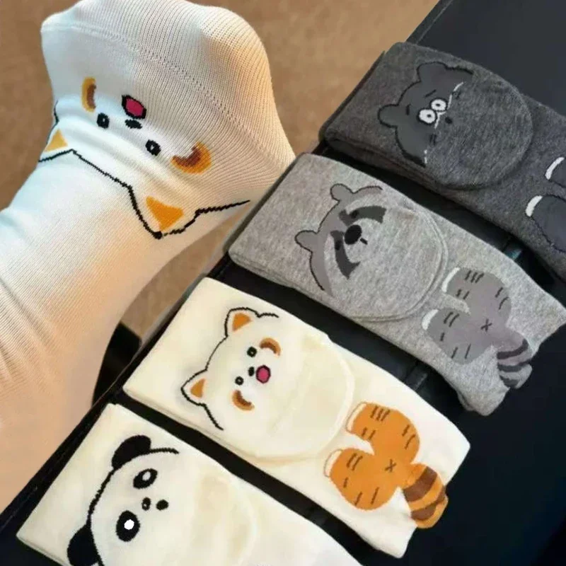 

Носки до середины икры с рисунком енота, модные хлопковые носки с 3D принтом и забавным узором, осень-зима, удобные мягкие дышащие уютные носки