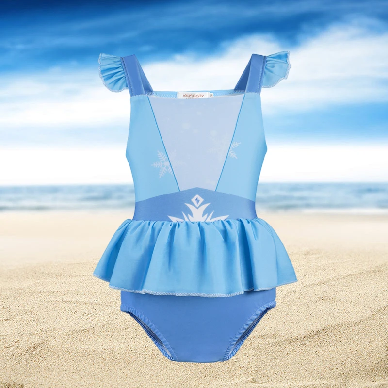 New Elsa Girl Swimsuit Dress Up Summer One-Piece Swimsuit Outdoor Beach Seaside Princess Skirt Children Blue Cute Swimsuit Set