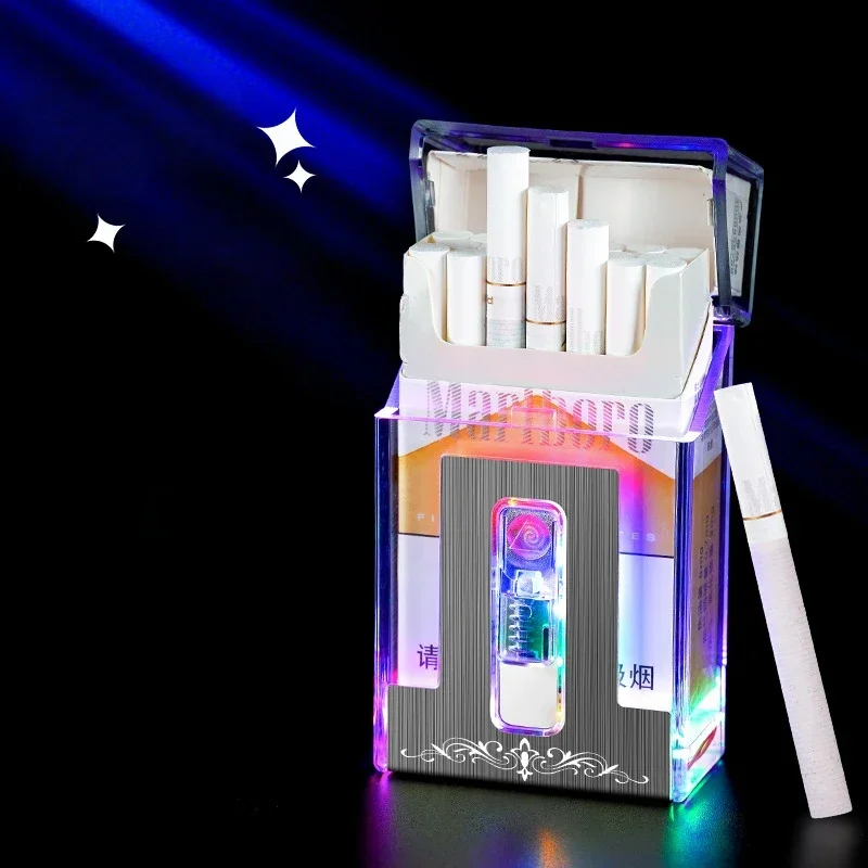 Transparent Lighter Cigarette Case, Type-C Charging, Colorful Lights, Electronic Cigarette Lighter, Can Hold 20 Cigarettes