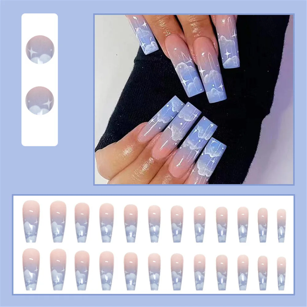 24Pcs Long Ballerina Nails Set Press On Star Blue Sky White Cloud Coffin Nail Tips Full Cover French Tip Fake Nails With Designs