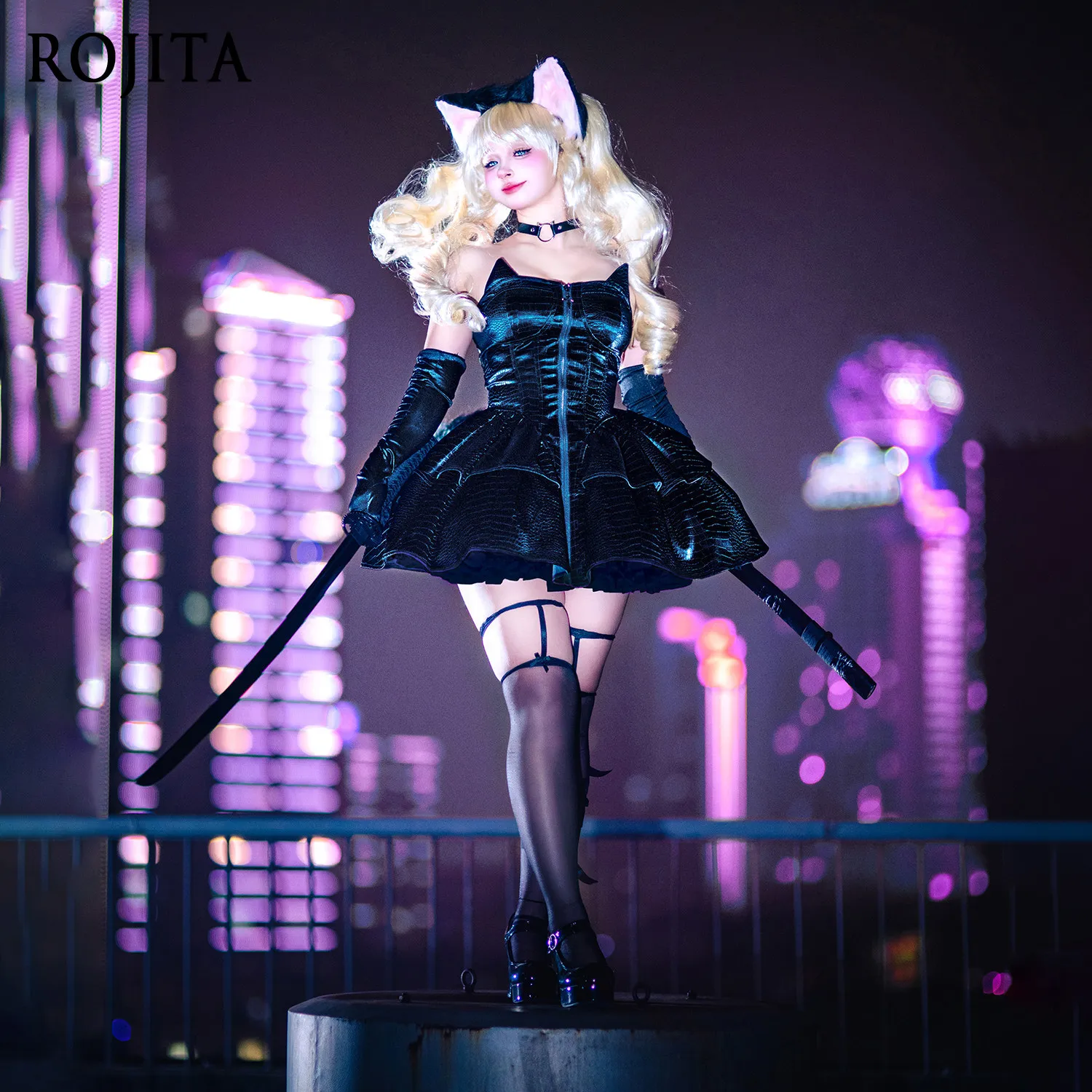 

Dress for Women Dark Punk Lolita Mercerized Crocodile Pattern Leather Skirt Slim Fit JSK with Choker and Metal Waist Chain