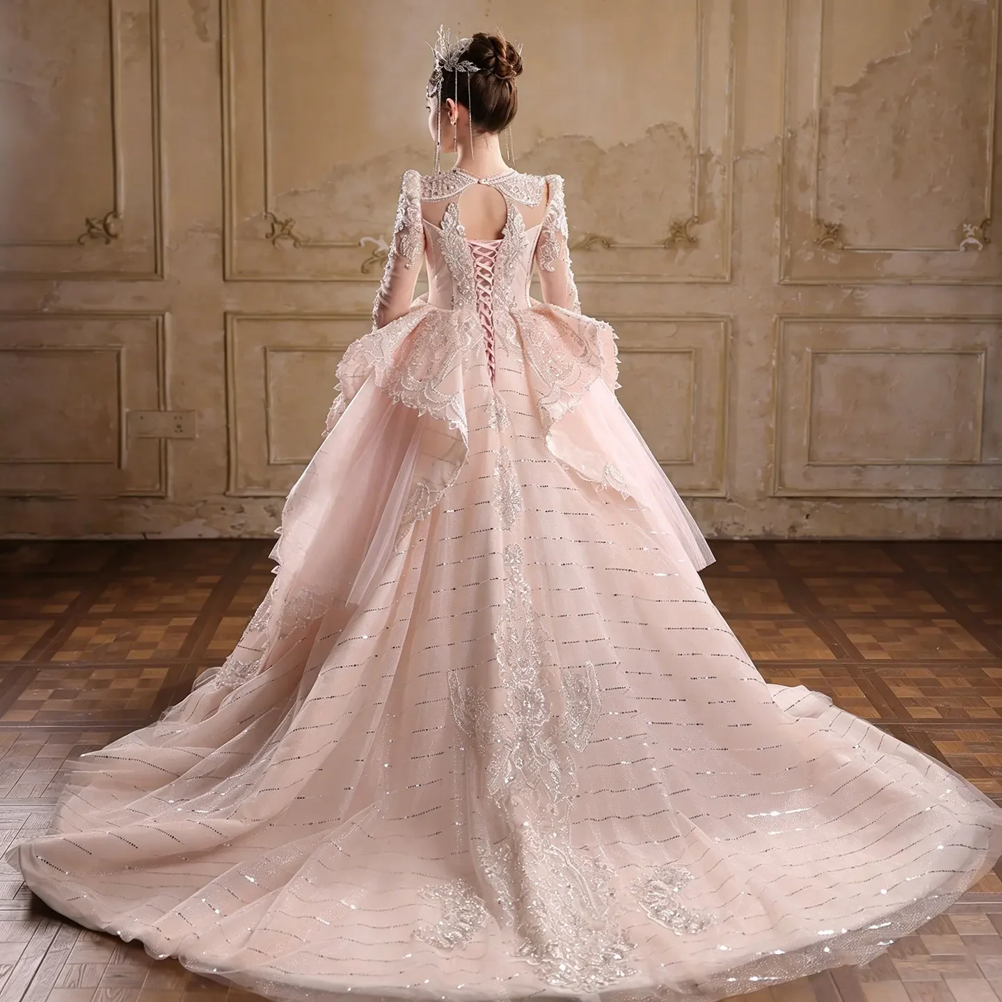 Custom JDY High Elegant Luxury Long Sleeve Ball Gown Flower Girl Dress Wedding Guest Gown Birthday Party Pageant Dress Kids Form