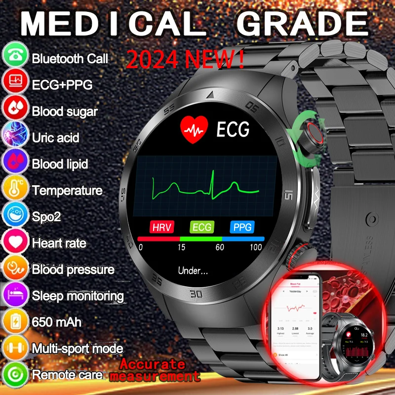 2024 New Precise Blood Glucose Smart Watch Men Full Touch Screen Sport Fitness 650nm Laser Therapy Three High Watches For HUAWEI