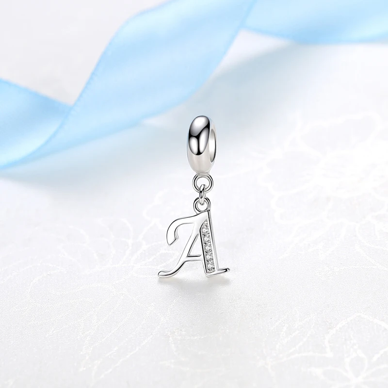 Original Silver Plated Charms Alphabet A-Z Letter Pendant Beads Pave CZ Fit Pan Bracelets Necklaces Women DIY Jewelry