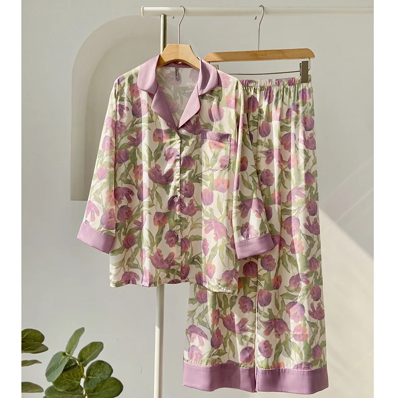 Conjunto de pijama con estampado de tulipanes para mujer, ropa de dormir informal, trajes de manga larga para primavera y otoño, 2023