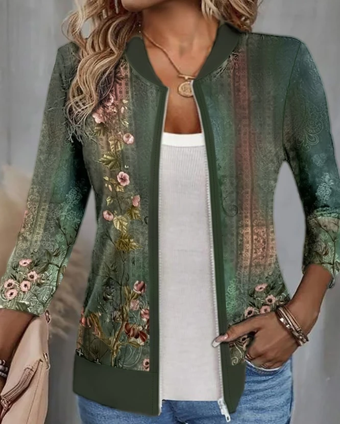 Chaquetas de estilo informal con estampado Floral para mujer, abrigos de diseño con cremallera, cárdigan versátil, blusas de otoño, 2024