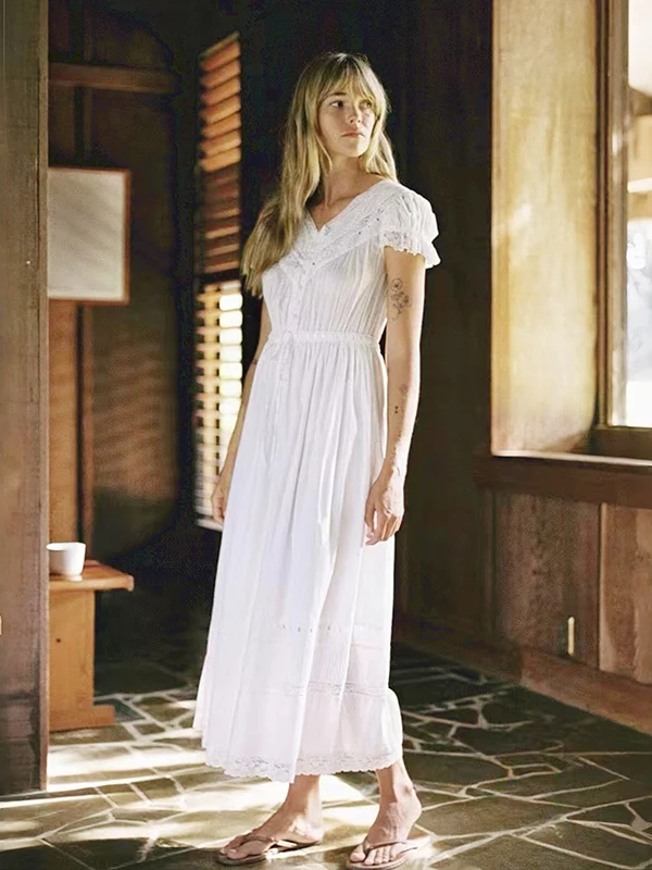 French Style Cotton Lace Embroidery Drawstring Waist Long Dress Summer Casual V-Neck Short Sleeve Women's Dress Chris2026