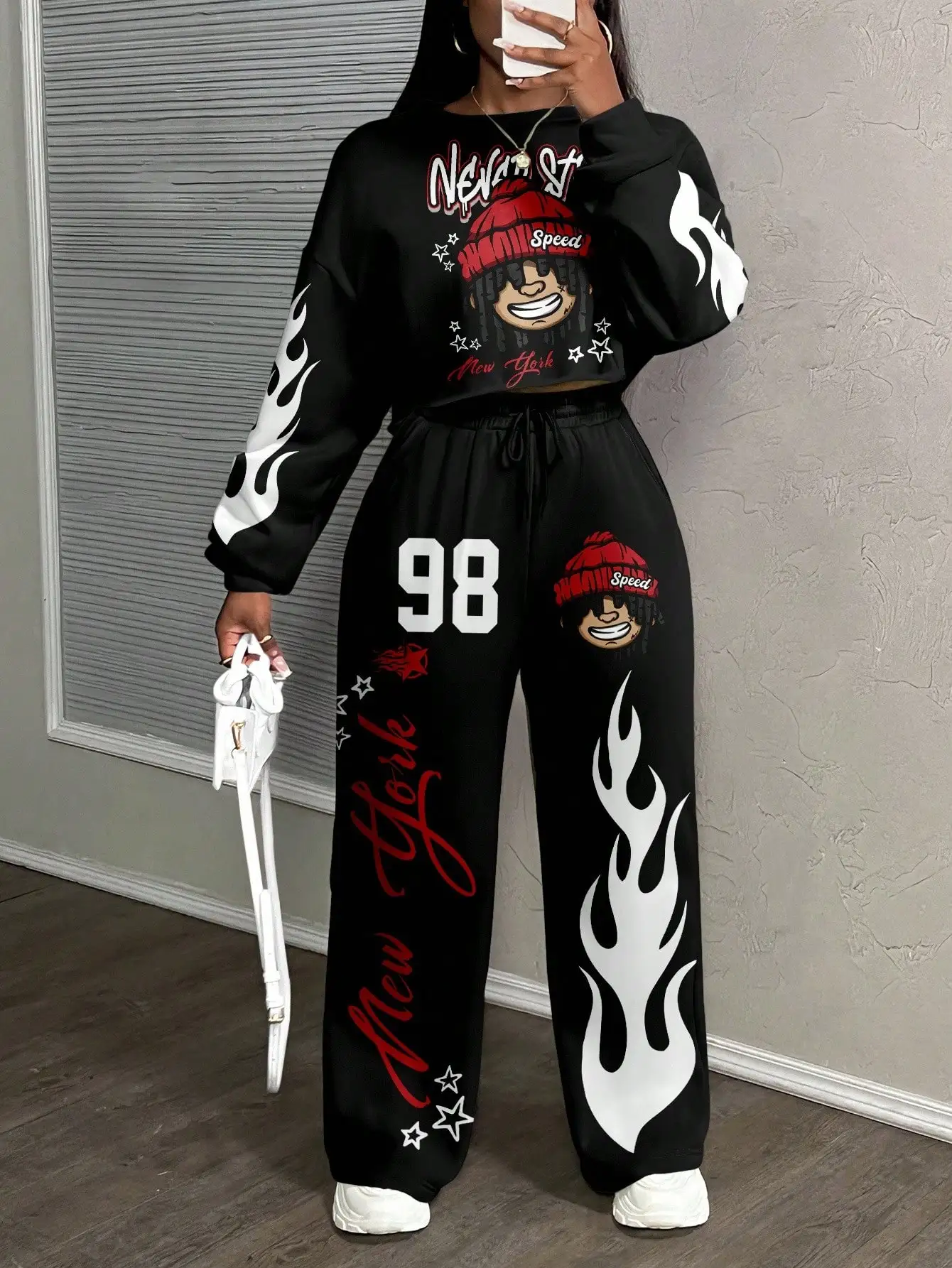 

Женский комплект из двух предметов в уличном стиле с принтом «Пламя и графика», свободный крой, повседневная одежда для осени и зимы