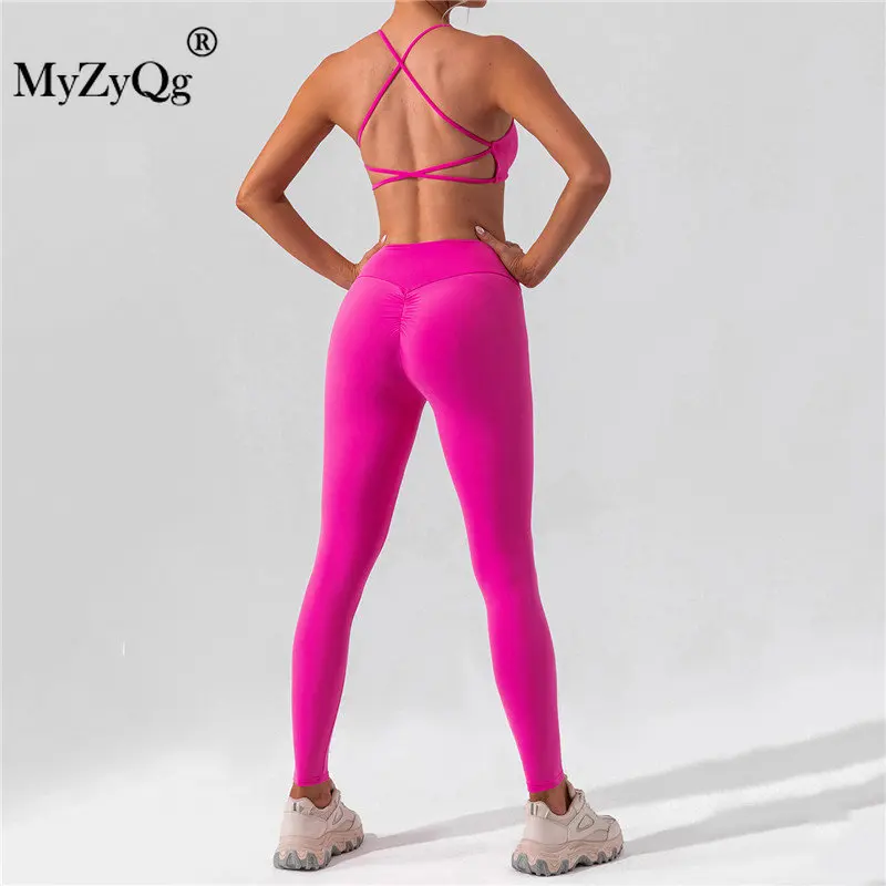 MyZyQg Women Two Piece Suit Quick Dry Tight Bangage Yoga Shorts Set Pilates Running Fitness Vest Lift Hip Sports Bra Leggings