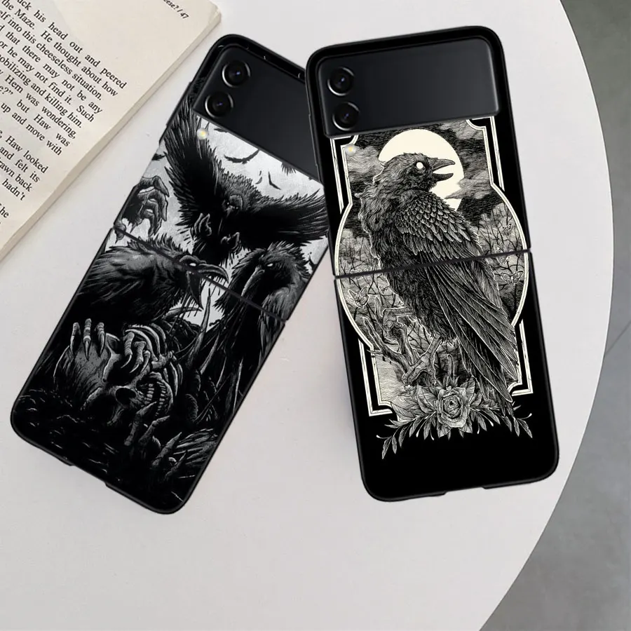 Raven Crow Skull Pattern Case for Samsung Galaxy Z Flip 6 Flip 5 4 3 5G Black Cell Phone Cover Samsung Z Flip 5 5G Luxury PC