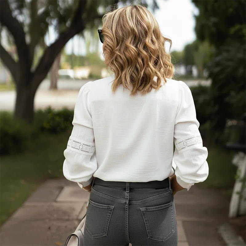 Benuynffy Stand Collar Long Sleeve White Shirt for Women Spring Fashion Solid Color Top Boho Casual Ladies Button Down Blouses