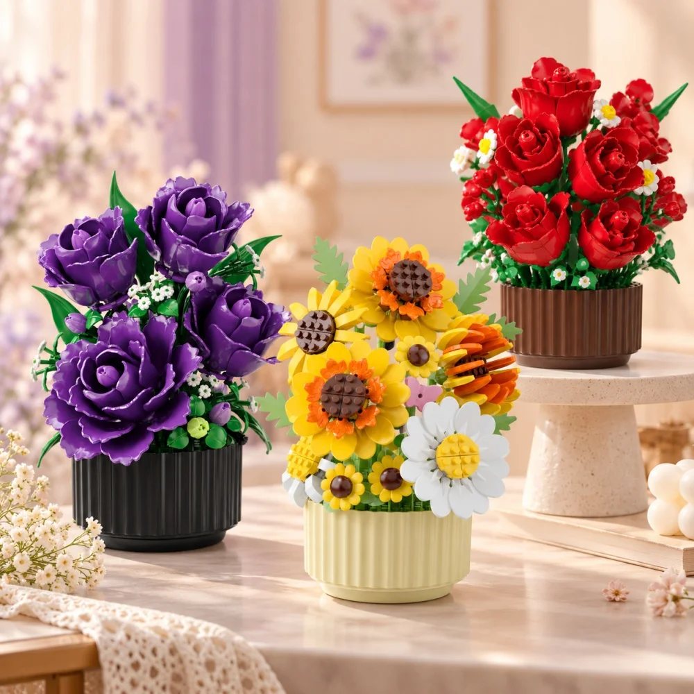 DIY Eternal Rose Sunflower Micro Bricks Potted Bouquet, Floral Arrangement Botanical Landscape, Creative Gift