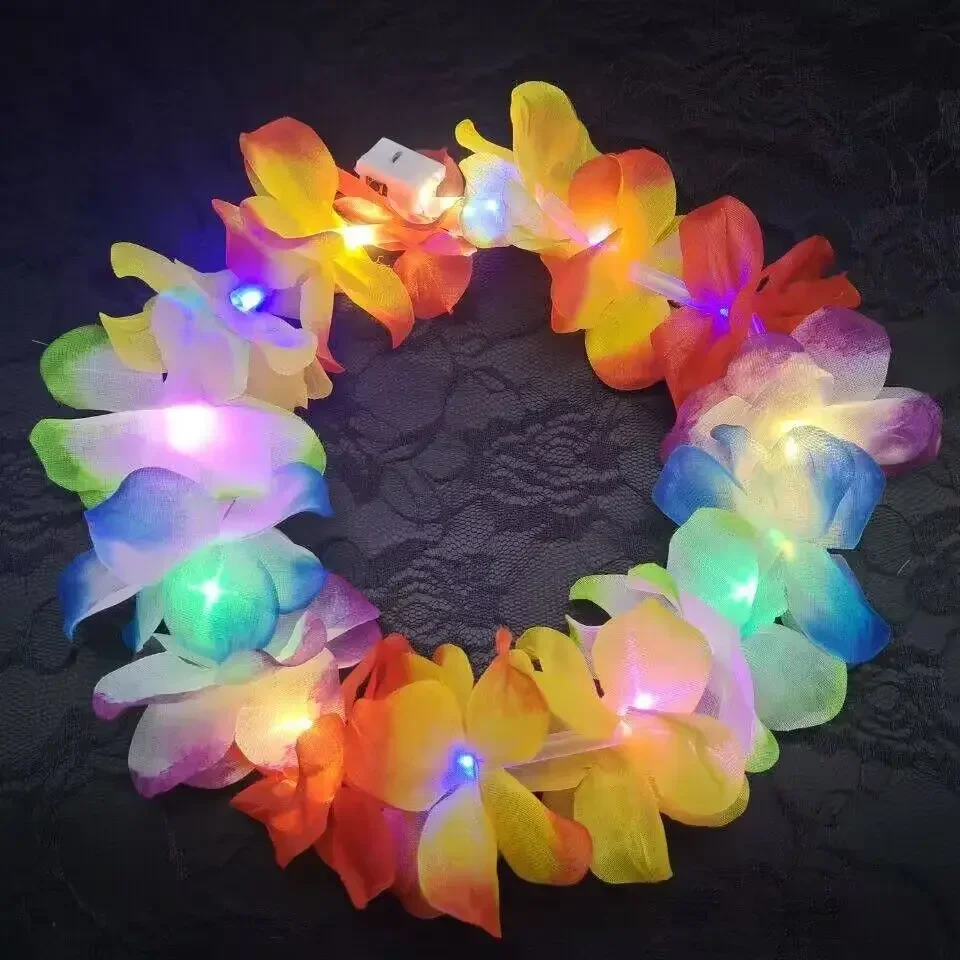 

20pcs Light up Tropical Luau Flower Leis Floral Crown Hawaiian Wreaths Headband for Summer Beach Pool Glow Party Decorations