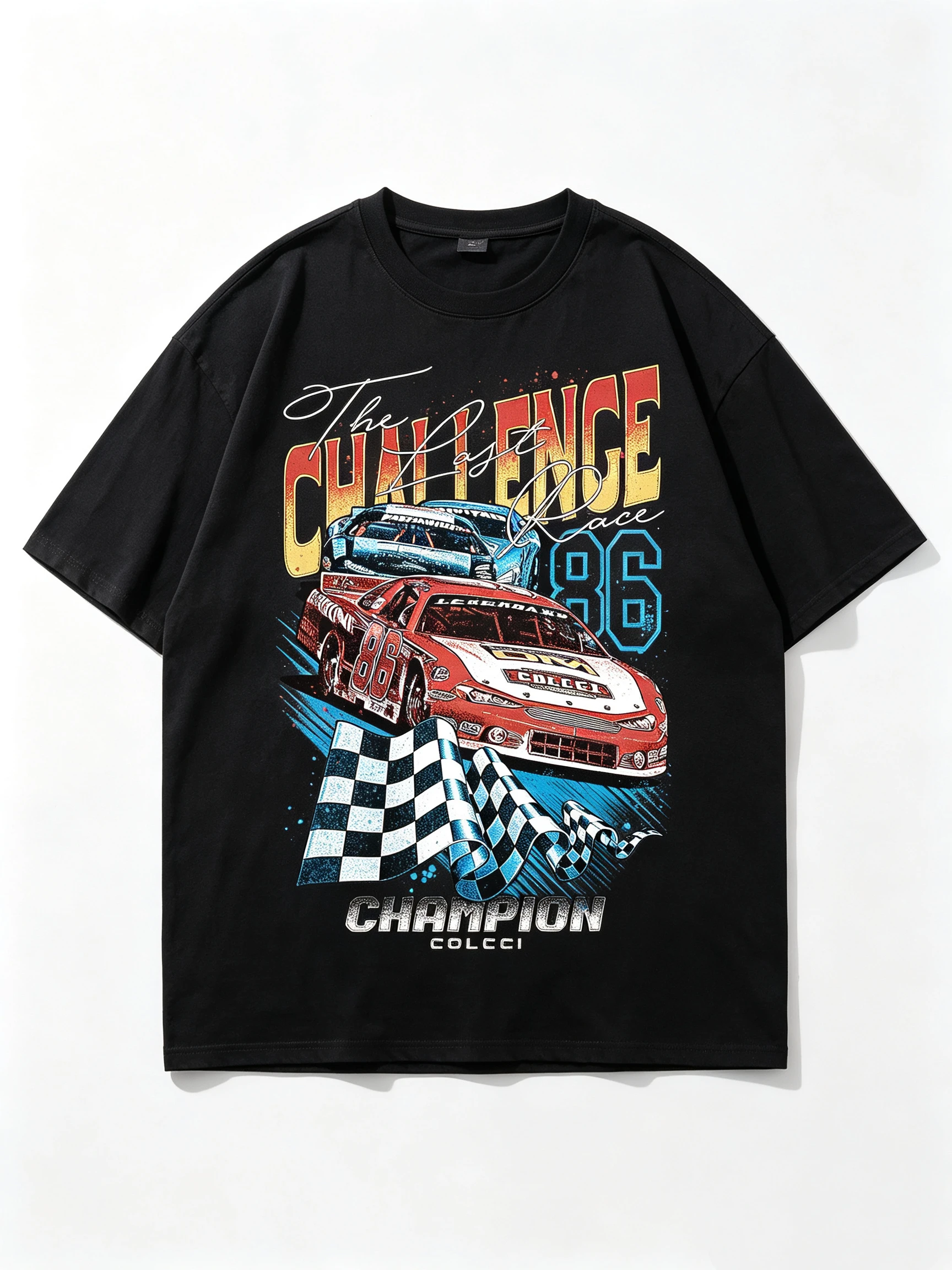 Unisex The Last Challenge Race 86 Racing Car Checkered Flag Graphic T Shirt Men Women Vintage Racer Champion Print Oversized Crew Neck Short Sleeve Casual Streetwear Cotton Top