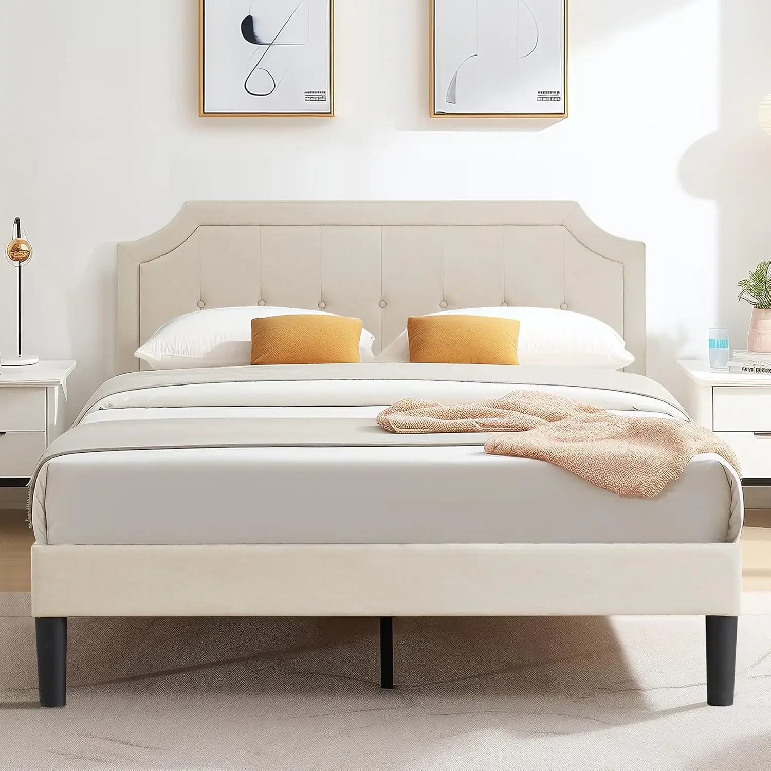 Full Size Platform Bed Frame with Fabric Upholstered Headboard and Wooden Slats Support, No Box Spring Needed/Easy Assembly,Beig