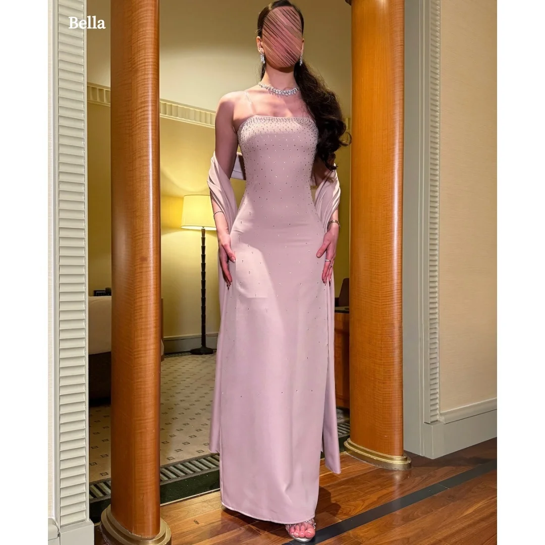 Vestido de fiesta Bella personalizado rosa empolvado con tirantes finos y lentejuelas, chal envolvente, vestidos de noche formales, ajustado, maxi, para fiesta