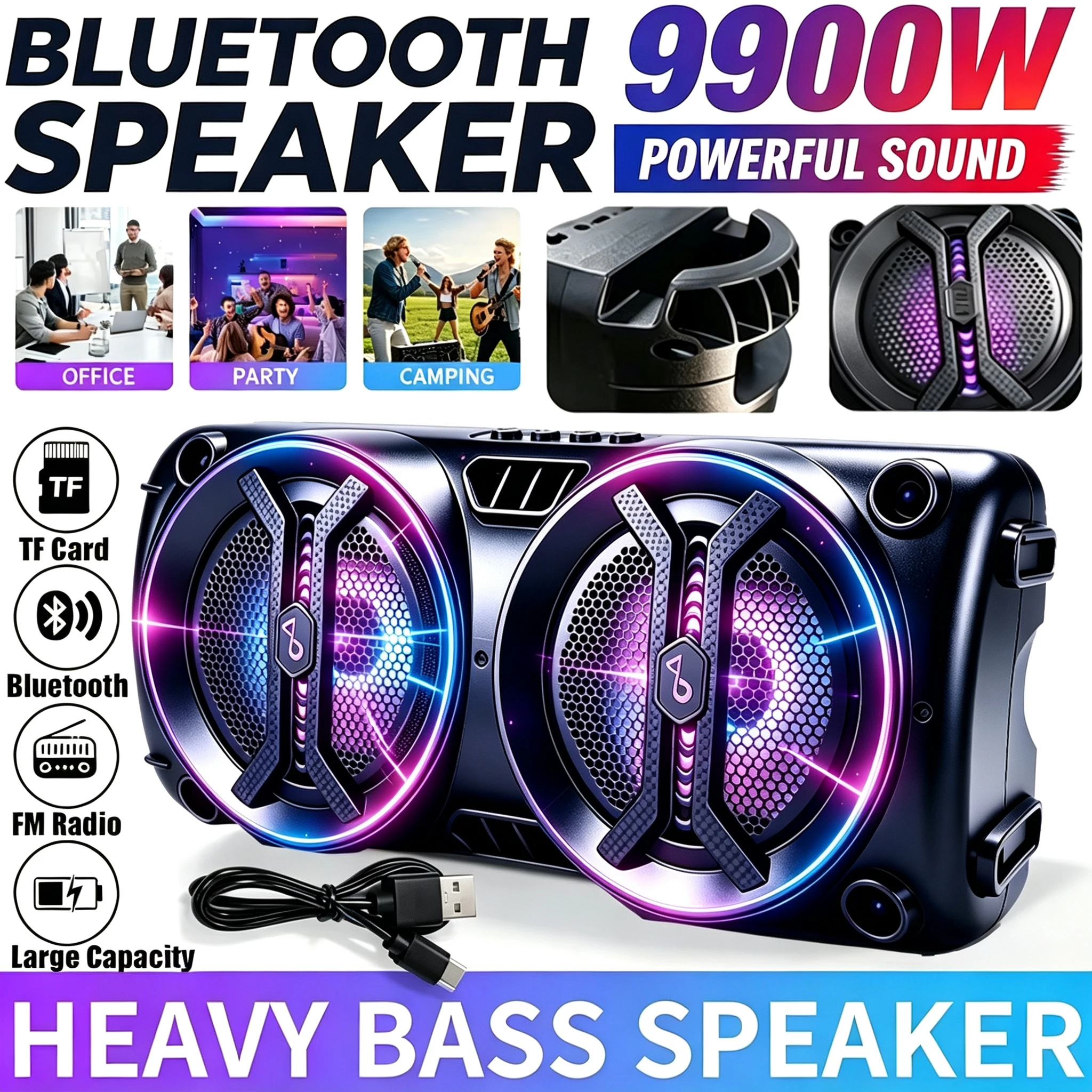 Altoparlante Bluetooth professionale portatile da 9900W con luci LED RGB, ideale per feste, con bassi potenti, wireless, per uso esterno, con tecnologia TWS, suono stereo, supporto per schede TF,