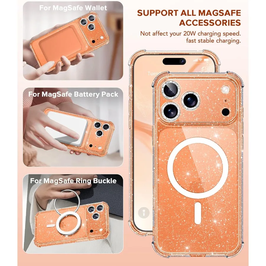 Étui de protection transparent scintillant pour iPhone 17 Pro pour femme, compatible avec MagSafe, conception antichoc avec technologie anti-jaunissement