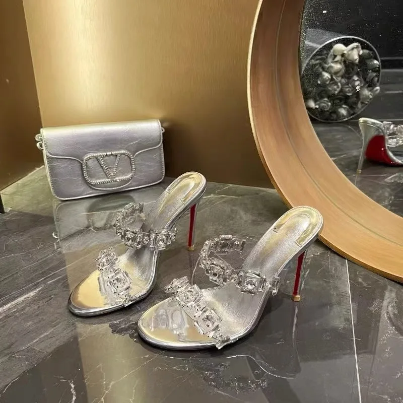 

Silver rhinestone high-heeled shoes 2025 new style, sexy and feminine, slim heels, straight strap, open toed sandals, slippers