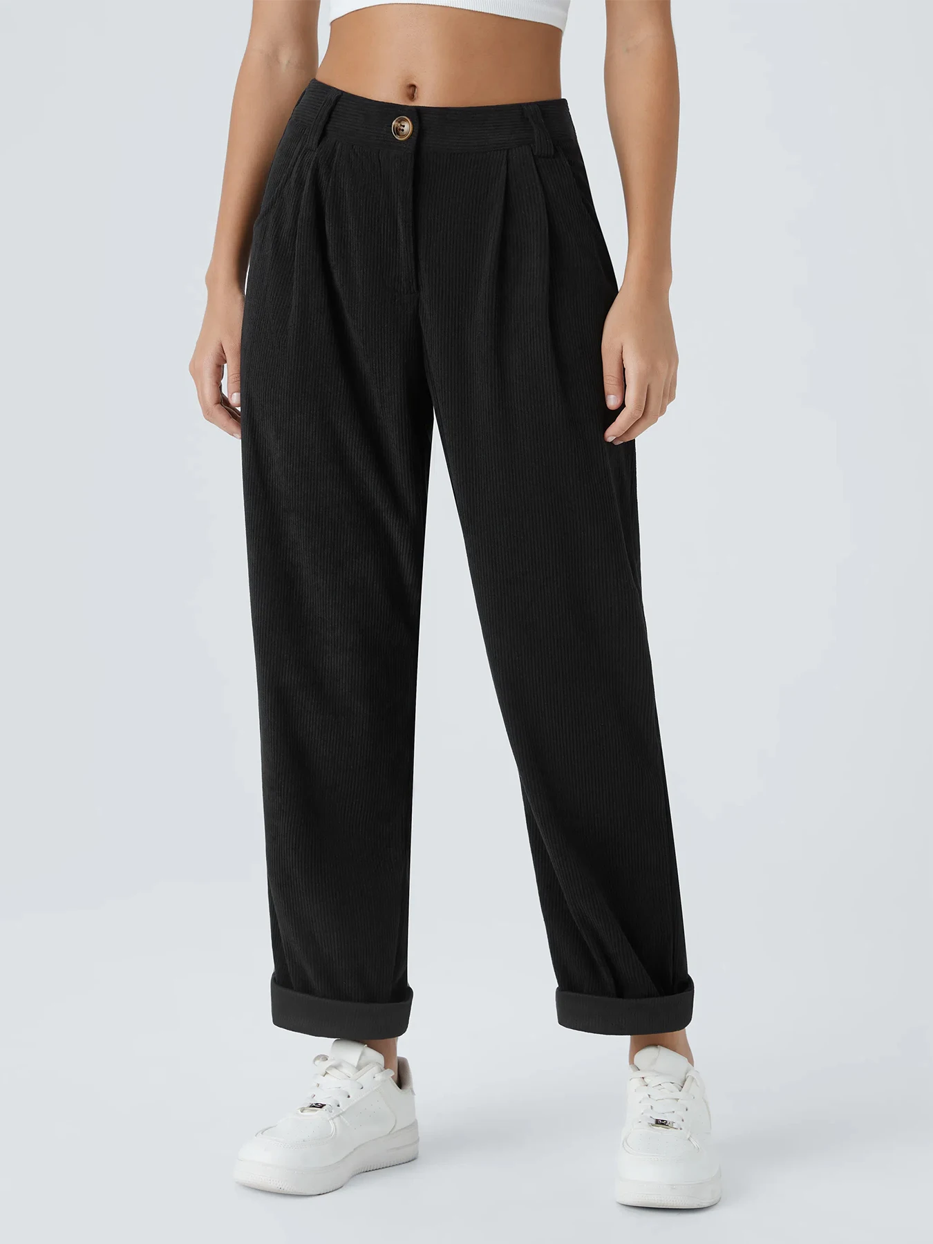 Neue Herbst- und Winter-Freizeitanzüge für Damen in Unifarben aus Cord mit weitem Bein und geraden, samtartigen Hosen, die schlank aussehen – Detail 21