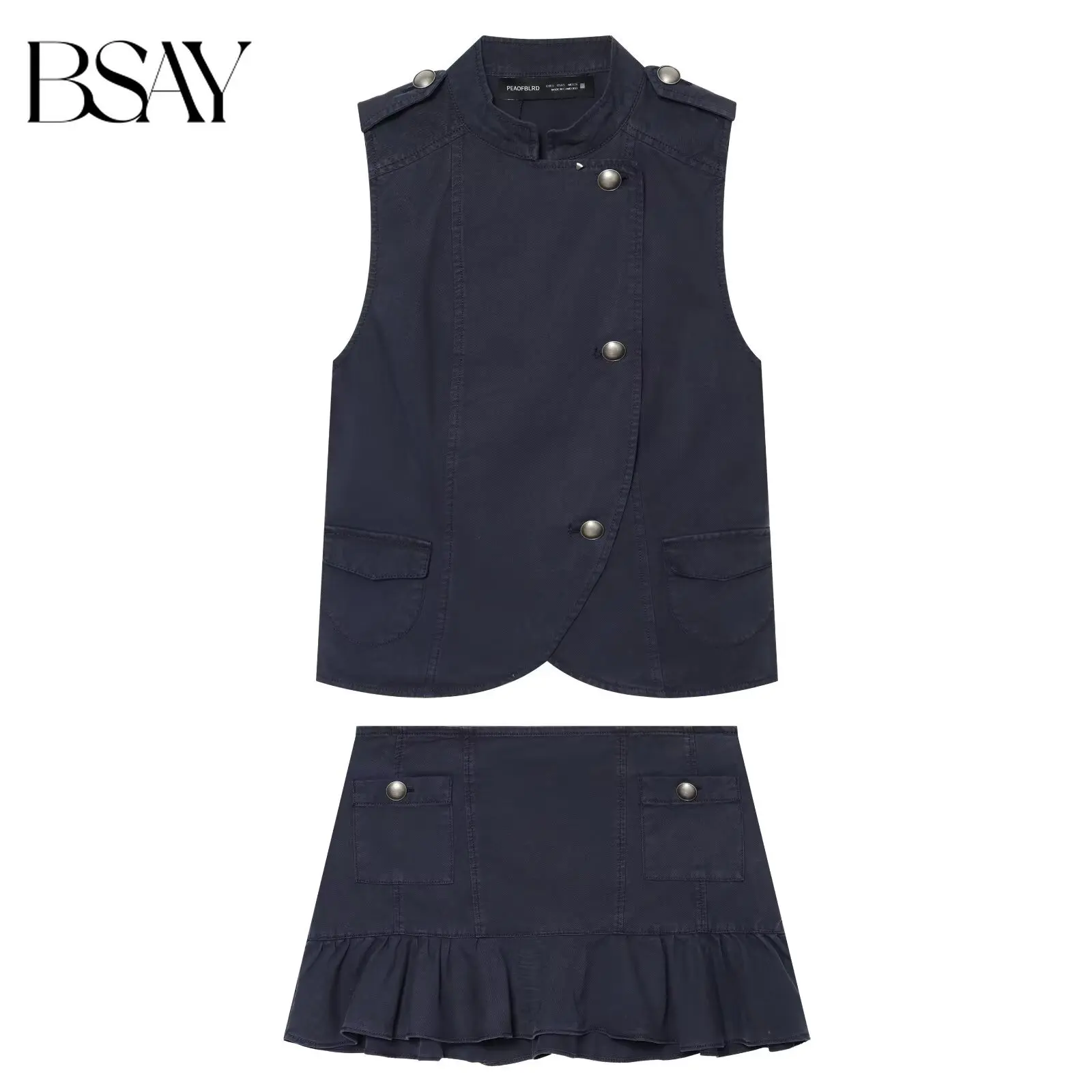 BSAY Women Military Sleeveless Waistcoat Ruffle Mini Skirt Two Piece Set Stand Collar Button Vest Cargo Skirt Matching Outfit