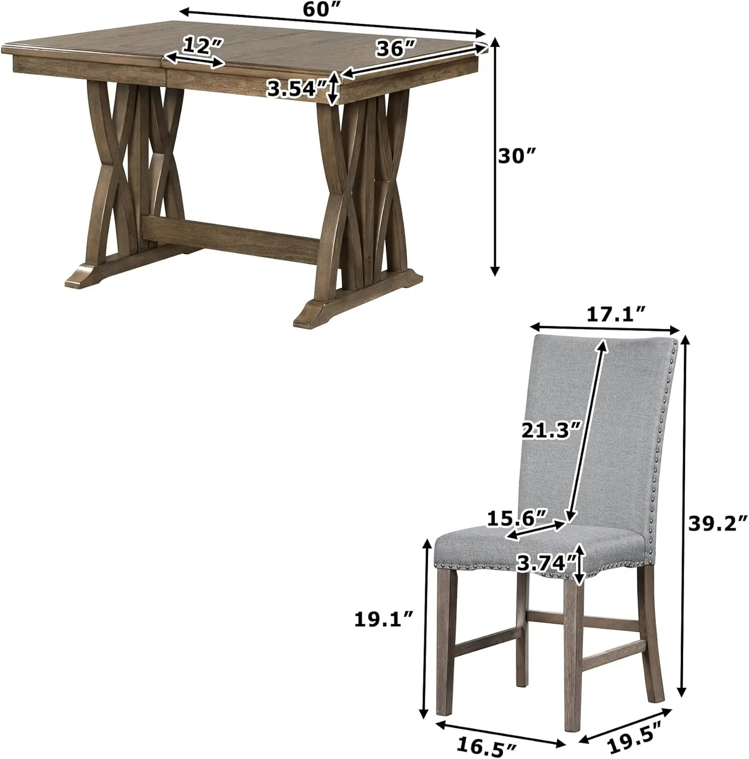 Mid-Century Dining Table Set with Chairs and Extendable Table for 6 Persons, 7 Piece Large Dining Room Table Set, Gray